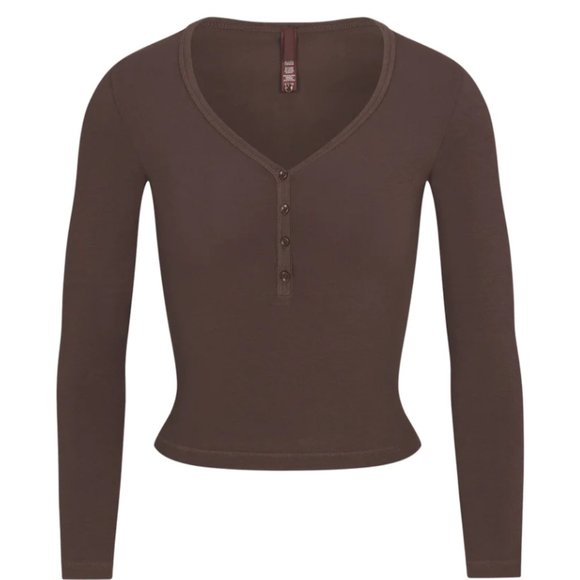 Skims New Vintage Long Sleeve Cropped Henley - Cocoa 2X - Picture 2 of 6